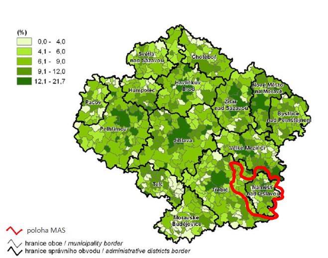 Obr. X Podíl osob s vysokoškolským vzděláním v obcích Kraje Vysočina k 26. 3.