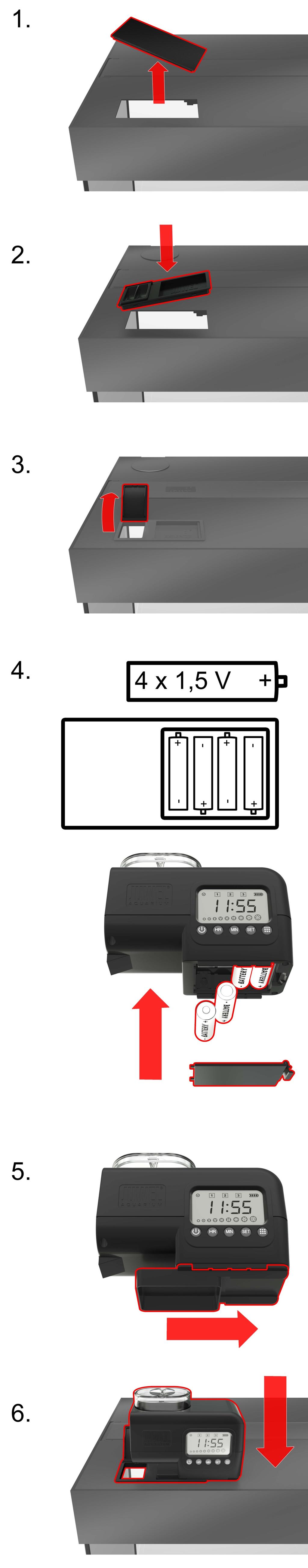 1. Nejdříve sundejte víčko, které uzavírá otvor automatického krmítka JUWEL SmartFeed v krytu (je-li k dispozici). 2. Do otvoru nasaďte dodanou podávací misku. 3.