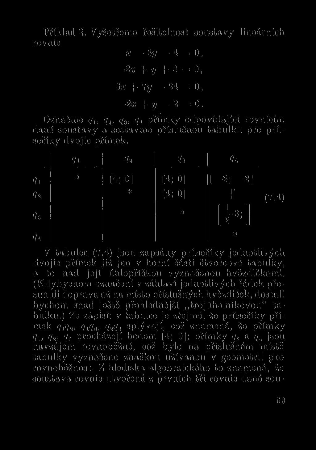 Přiklad 2. Vyšetřeme řešitelnost soustavy lineárních rovnic x 3 y 4 = 0, 2x + y + 8 =0, 6x + ly 24 = 0, 2x + y 2 = 0.