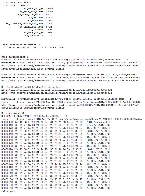 Nepenthes Vlastní modul log-grep nepe_report2.pl malware ClamAV Public DB http://www.nothink.