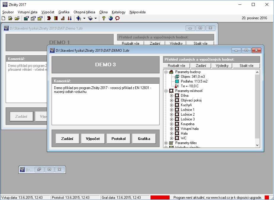 Pracovní prostor programu 12 Jakmile založíte novou úlohu, nebo otevřete již existující úlohu, objeví se na zatím prázdném panelu programu Ztráty 2017 nové menší okénko - panel úlohy, který obsahuje