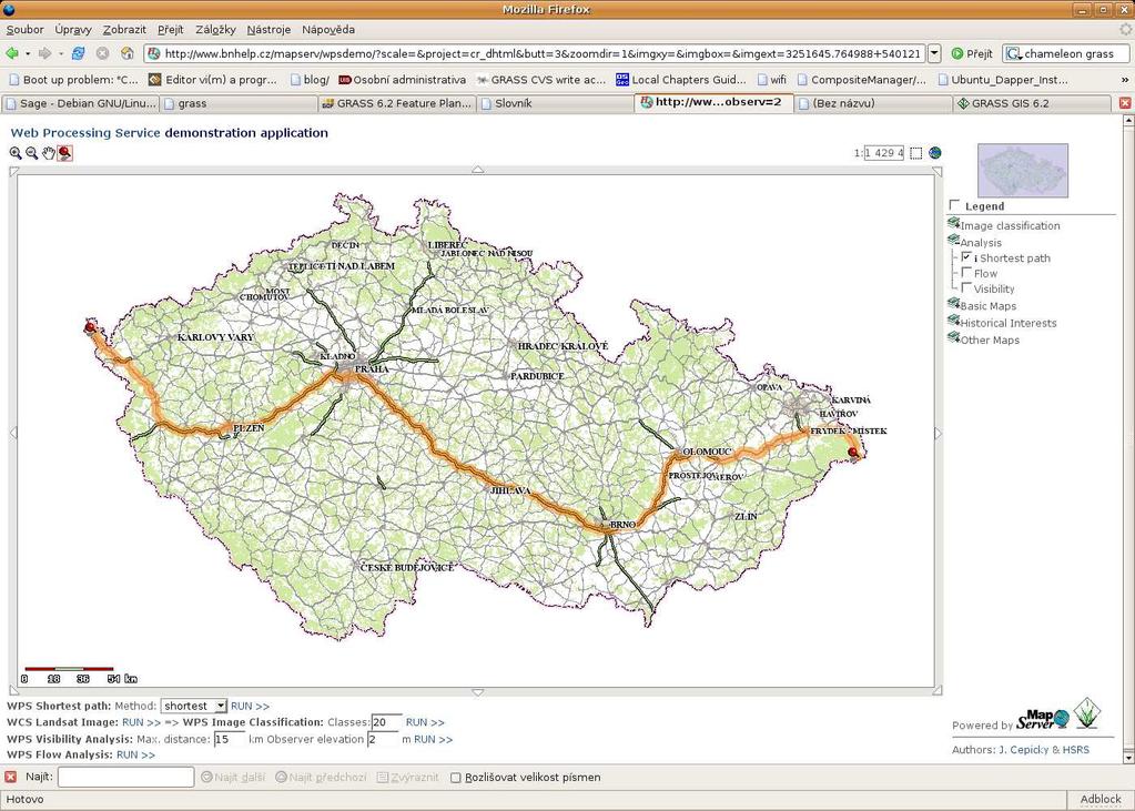 12 Obrazové přílohy Obrázek 1. Příklad výpočtu nejkratší cesty realizovanéhoh pomocí Py- WPS. Pro výpočet byl použit modul GISu GRASS v.net.