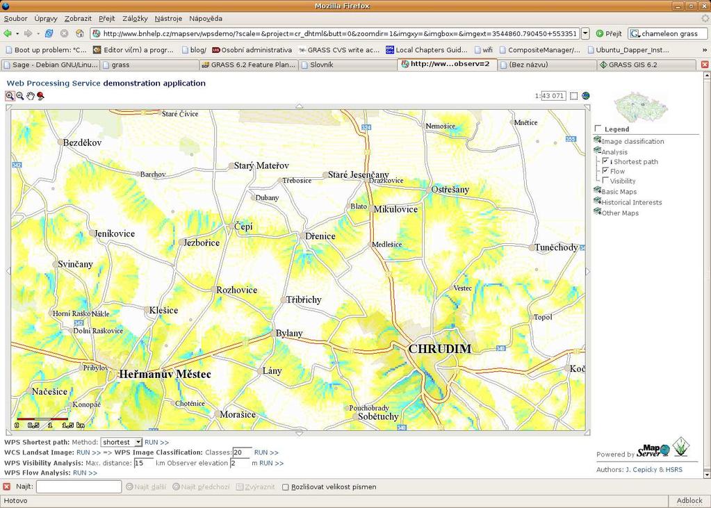 Obrázek 3. Výpočet hustoty povrchového odtoku z digitálního modelu terénu uloženého na serveru modulem r.flow.