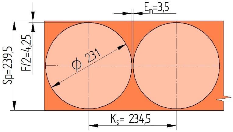 Krok střihu: K s = D 0 + E m = 231 + 3,5 = 234,5 mm Šířka pruhu plechu je: Sp = D 0 + F = 231 + 8,5 = 239,5 mm.