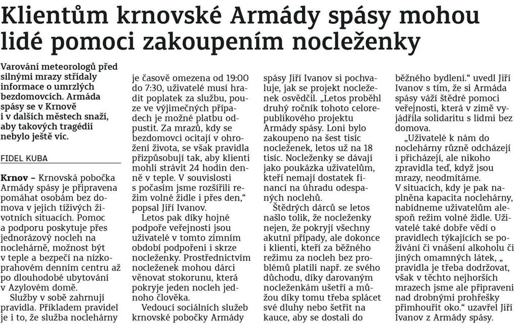 Opavský a hlučínský deník Klientům krnovské Armády spásy mohou lidé pomoci zakoupením nocleženky 7.3.