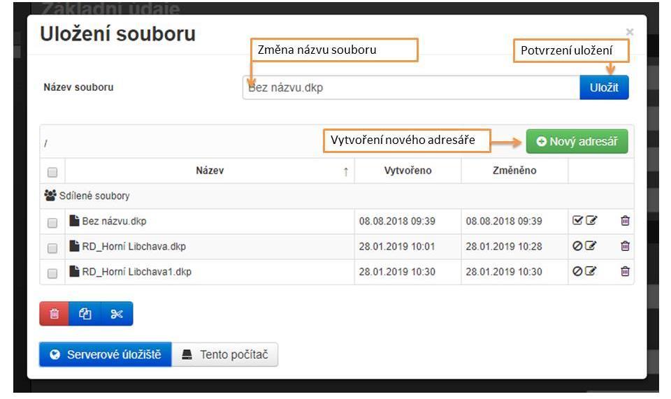 Při prvním uložením souboru se zobrazí výběr, kam chcete soubor uložit (Serverové úložiště nebo Tento počítač).