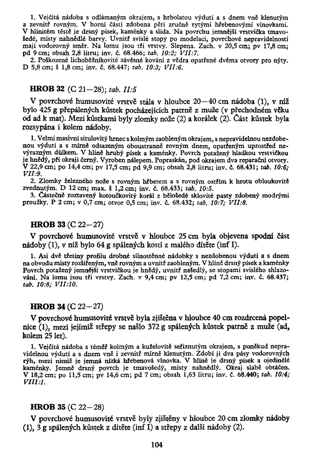 1. Vejčitá nádoba s odlámaným okrajem, s hrbolatou výdutí a s dnem vně klenutým a zevnitř rovným. V horní části zdobena pěti zručně rytými hřebenovými vlnovkami.