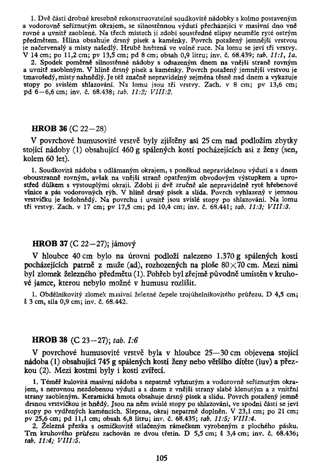 1. Dvě části drobné kresebně rekonstruovatelné soudkovité nádobky s kolmo postaveným a vodorovně seříznutým okrajem, se silnostěnnou výdutí přecházející v masivní dno vně rovné a uvnitř zaoblené.