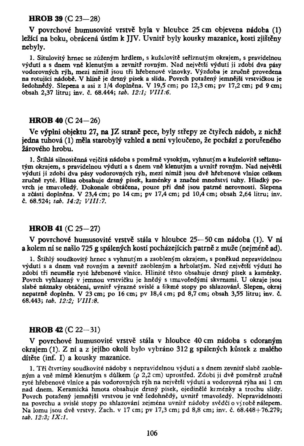 HROB 39 (C 23-28) V povrchové humusovité vrstvě byla v hloubce 25 cm objevena nádoba (1) ležící na boku, obrácená ústím k JJV. Uvnitř byly kousky mazanice, kosti zjištěny nebyly. 1.