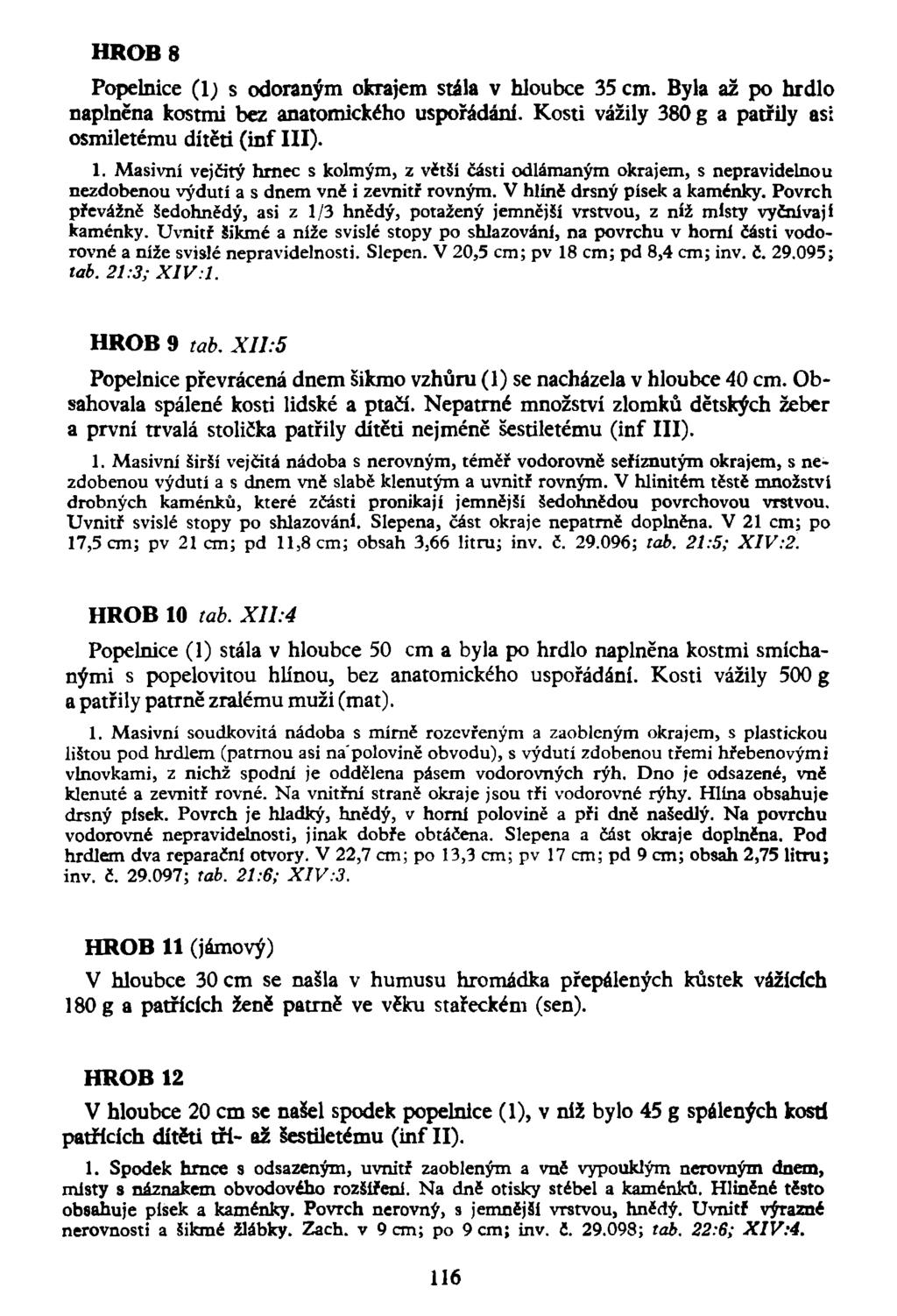 HROB 8 Popelnice (1; s odoraným okrajem stála v hloubce 35 cm. Byla až po hrdlo naplněna kostmi bez anatomického uspořádání. Kosti vážily 380 g a patřily asi osmiletému dítěti (inf III). 1.