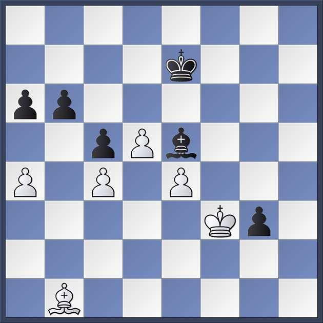 Krásná oběť tak pracně vytvořeného volného pěšce za prosazení kolegy. (Averbach Smyslov) 1.Kg5,Kf7 2.f4!! Bílý se zbláznil, napadne asi každého. Je možno vůbec tuto pozici vyhrát?