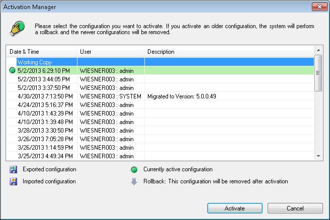 Bosch Video Management System Globální okna aplikace Configuration Client cs 221 Aktivovat Klepnutím na toto tlačítko zobrazíte dialogové okno Aktivovat konfiguraci.