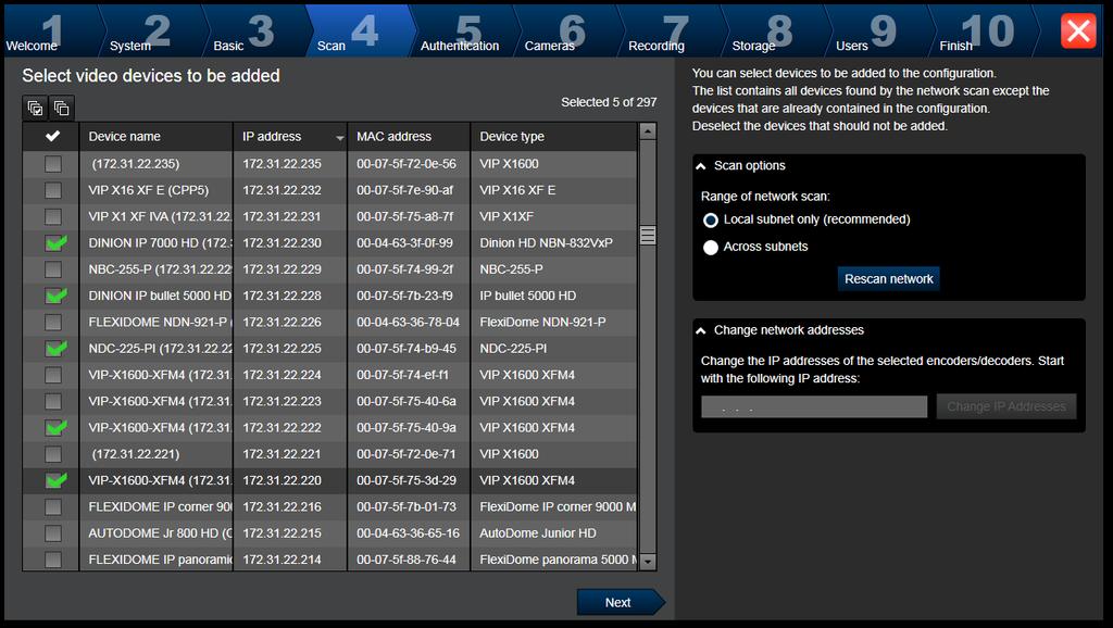 80 cs Úvod Bosch Video Management System Stránka Scan Poznámka: Vyhledávání zařízení může určitou chvíli trvat. Vyhledávání lze zrušit. Všechna již rozpoznaná zařízení se zobrazí v tabulce.