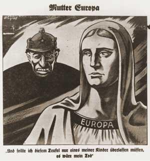 III.5) Reflexe židovství Karikatura na úvodní straně nacistického časopisu Der Stürmer, symbolizující židovské utlačování Evropy (1937) Očista civilizace byla v nacistickém pohledu spjata s fyzickou