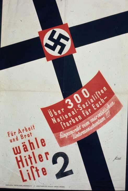 Nacistický plakát ku příležitosti voleb do Říšského sněmu (1932) s průhlednou křesťanskou symbolikou (www.calvin.