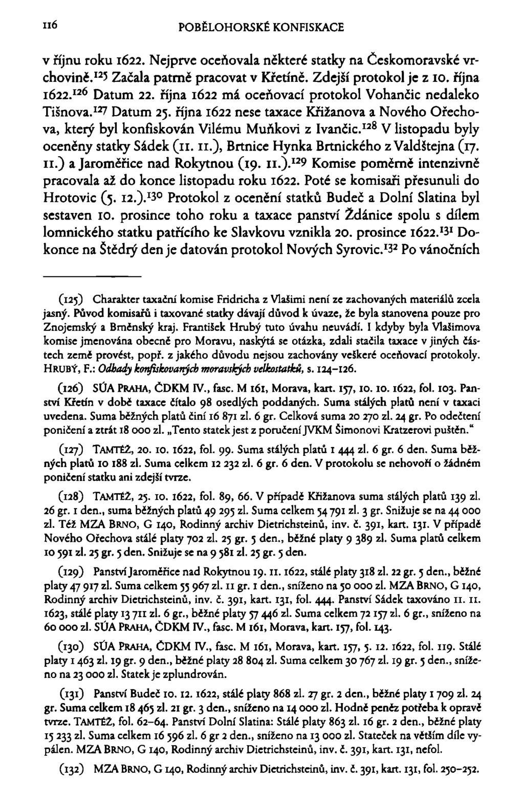 n6 POBĚLOHORSKÉ KONFISKACE v říjnu roku 1622. Nejprve oceňovala některé statky na Českomoravské vrchovině. 12 ' Začala patrně pracovat v Křetíně. Zdejší protokol je z 10. října 1622. 126 Datum 22.