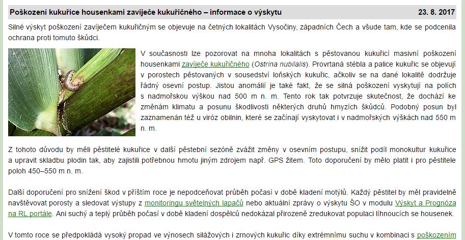 Zavíječ kukuřičný (Ostrinia nubilalis) Význam stoupá ani sucho ani