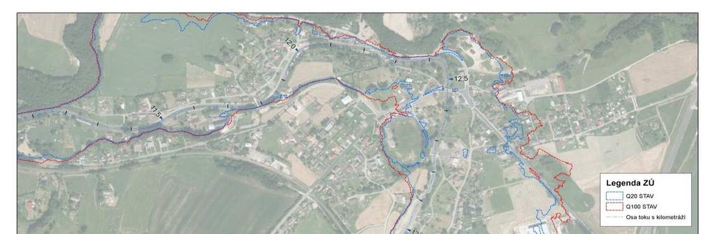 Obr. 10 Ohrožení v ř. km 11,100-14,000 2 Návrhy opatření Návrhy opatření vycházejí z analýzy podkladů, kde byly stanoveny hlavní cíle protipovodňové ochrany.