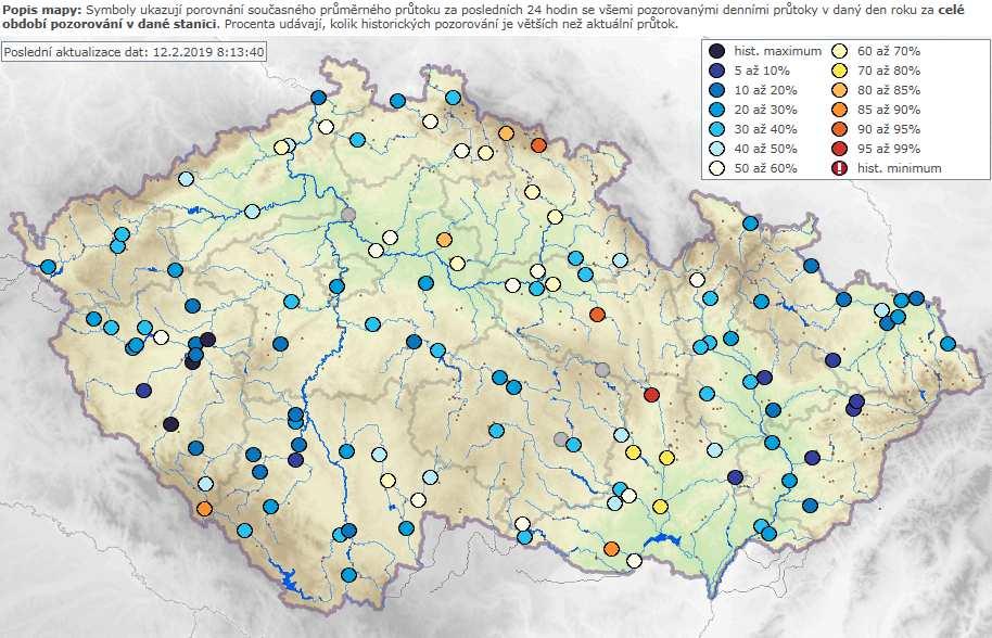 Při srovnání aktuálních denních průtokových hodnot s dlouhodobými historickými údaji pro daný den, nejsou na konci týdne zaznamenány průtoky bližší odtokovým minimům (viz následující mapa).