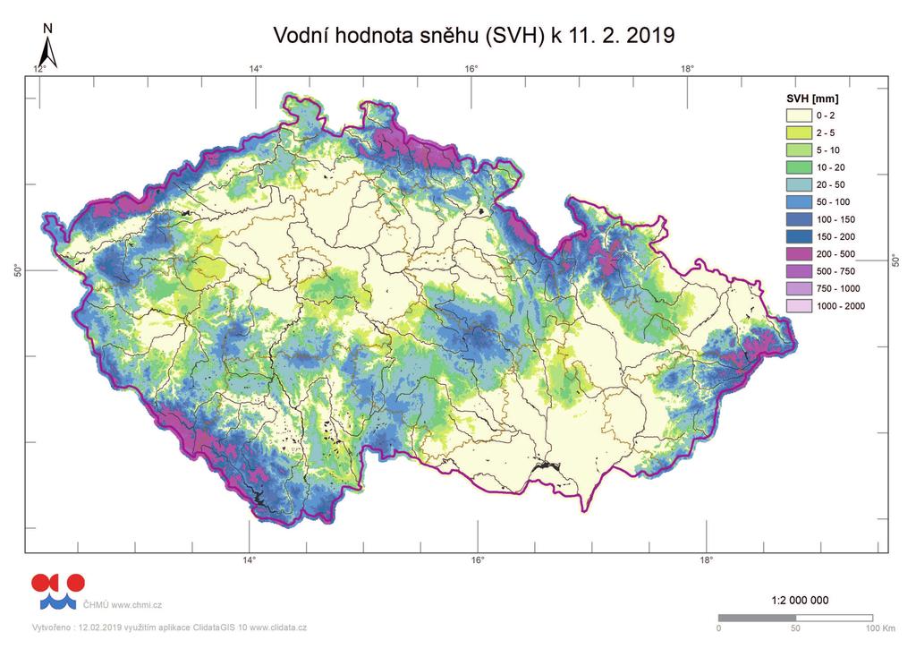 dlouhodobému únorovému průměru v povodí Moravy 30 až 180 % QII, jen místy více. Závěrovým profilem Moravy ve Strážnici odtékalo průměrně 129 % QII a Dyjí v Ladné 85 % QII. C.