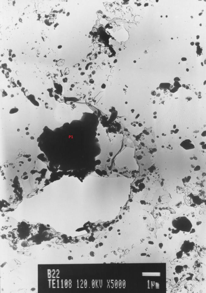 Obrázek 6-39 Vzorek B22, uhlíková extrakční replika, TEM Obrázek 6-40 EDX mikroanalýza nitridu bóru obklopeného částicemi M 23 C a l8vesovo fází Na snímku 1108 (obrázek 6-39) byla pomocí EDX