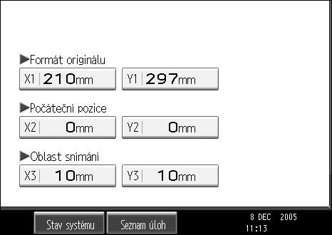 Rùzná nastavení skenování D Zadejte formát originálu (X1 a Y1) pomocí èíselnîch tlaèítek a potom stisknìte {q}. Nastavit mùôete napøíklad X1 na 300 mm a Y1 na 200 mm.