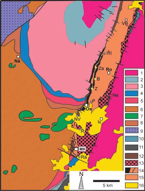 Obr. 2. Geologická pozice jižní části boskovické brázdy na styku moldanubické zóny a brunovistulika (upra - veno podle generální geologické mapy 1 : 200 000, list Brno, JAROŠE a MÍSAŘE 1991).