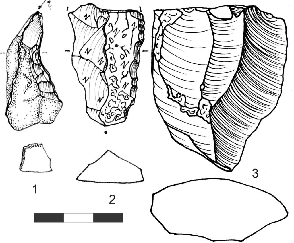 Zprávy o výzkumech za rok 2007: Paleolit a mezolit Obr. 9: Kroměříž-Kamenec. Vybrané artefakty. Fig. 9: Kroměříž-Kamenec. Artifacts. protéká Vizovickou vrchovinu, a vytéká do Dolnomoravského úvalu.