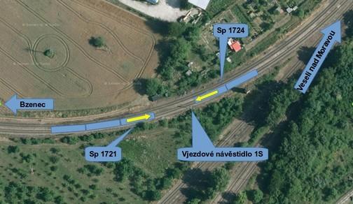 bylo zjištěno, že vlak Sp 1724 stál čelem v km 86,860 na záhlaví 1. SK směrem na Bzenec, vlak Sp 1721 stál čelem v km 86,808 na 1. TK před vjezdovým návěstidlem 1S.