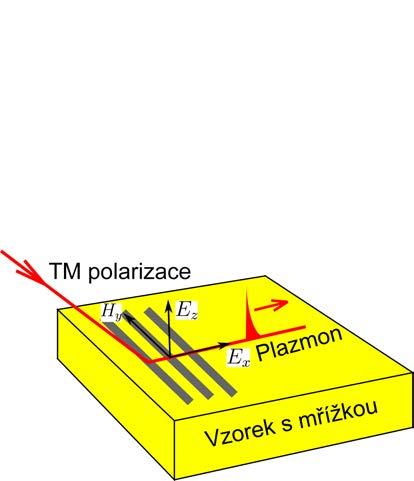 TM polarizace Plazmon Vzorek s mřížkou Obrázek 7.3: Maximální exitace povrchového plaznonu na periodické mřížce při TM polarizaci budícího světla na kovovém povrchu. plazmonů.
