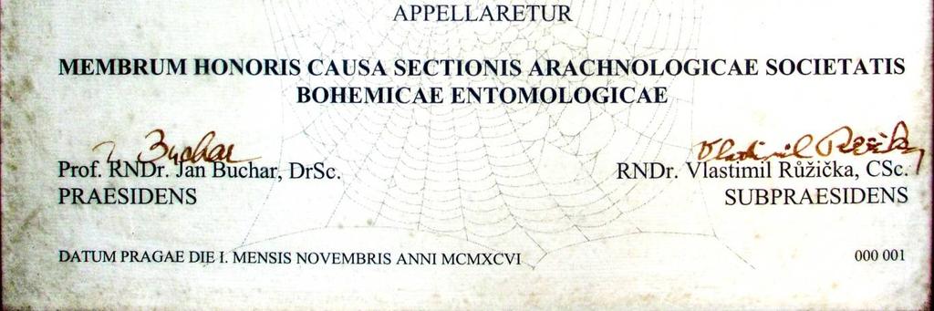 : Sedmý mezinárodní arachnologický kongres v Exeteru Čestní členové České arachnologické společnosti Dne 5.