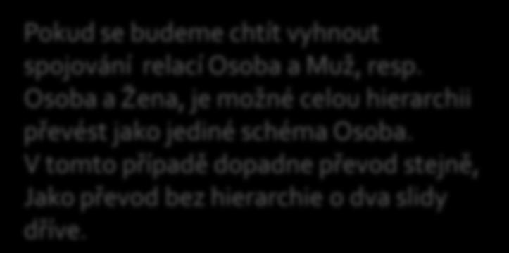 Pokud se budeme chtít vyhnout spojování relací a, resp. a, je možné celou hierarchii převést jako jediné schéma. V tomto případě dopadne převod stejně, Jako převod bez hierarchie o dva slidy dříve.