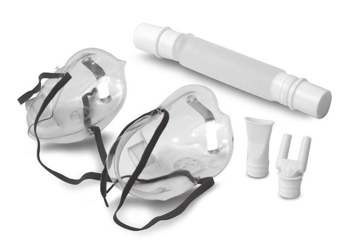 2 1 5 3 4 ACCESSORI: 1. Mascherina adulti 2. Mascherina pediatrica 3. Boccaglio 4. Erogatore nasale 5. Tubo ACCESSORIES: 1. Adult mask 2. Child mask 3. Mouthpiece 4. Nosepiece 5. Tube ACCESSOIRES: 1.