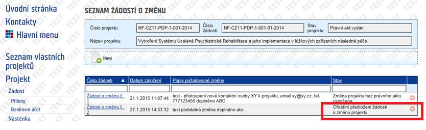 V Seznamu žádostí o změnu je žádost ve stavu Oficiální předložení žádosti o změnu projektu Do Příloh změnového řízení se automaticky vygeneruje Dokument žádosti o změnu projektu v PDF 4.