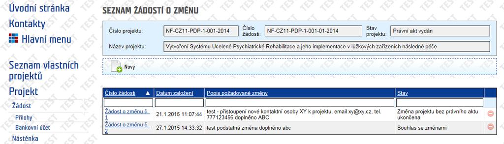 Seznamu žádostí o změnu projektu je