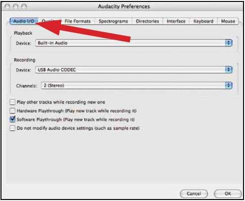 Nastavení počítače s OS MAC OSX (a vyšším) pro práci s USB gramofonem 1. Otevřete program Audacity. 2. V menu Audacity vyberte položku Preferences. 3.