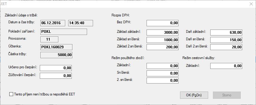 EET DOKLADY Pokladní doklady Po uložení pokladního dokladu se zobrazí okno s údaji pro EET. Jednotlivé položky jsou vyplněny údaji z pokladního dokladu. Základní údaje o tržbě již nelze opravovat.