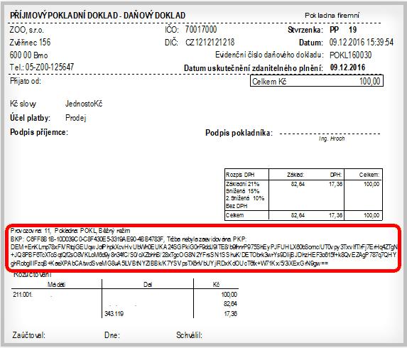 Na pokladním dokladu se v tomto případě tiskne BKP a 344 znakové PKB.