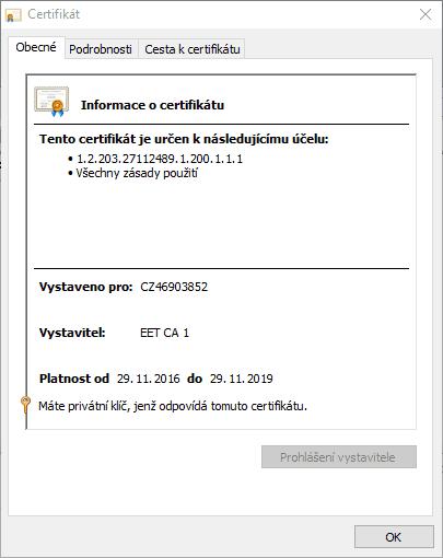 Detailní informace o certifikátu zobrazíte po stisku tlačítka Pokud máte již naimportován certifikát nebo certifikáty, v okně Nastavení certifikátů pro EET si jen vyberete tlačítkem Výběr certifikátů