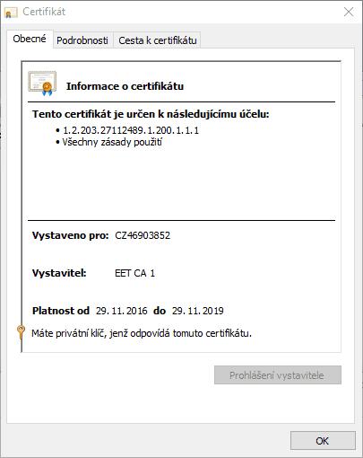 Detailní informace o certifikátu zobrazíte po stisku tlačítka Pokud máte již naimportován certifikát nebo certifikáty, v okně Nastavení certifikátů pro EET si jen vyberete tlačítkem Výběr certifikátů
