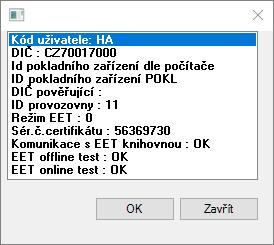 Tlačítko otestuje Váš počítač, jak je připraven na odesílání EET.