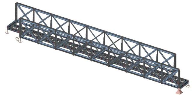 Přepočty zatížitelnosti železničních mostů výsledky, časté chyby, vývoj metodického pokynu Ukázkou je například most na obr. 1 zde je ukázán obrázek modelu.