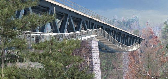 Most v km 1,429 trati Pňovany Bezdružice Obr. 8 Vizualizace mostu s lávkou Mostovku tvoří podélníky v osové vzdálenosti 1800 mm, symetrického průřezu ve tvaru písmene I.
