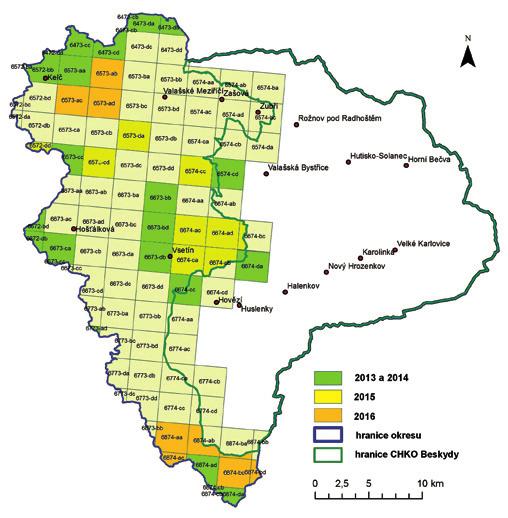 104 Obr. 1: Aktuální přehled vymapovaných čtverců síťového mapování okresu Vsetín mimo CHKO Beskydy. Fig.