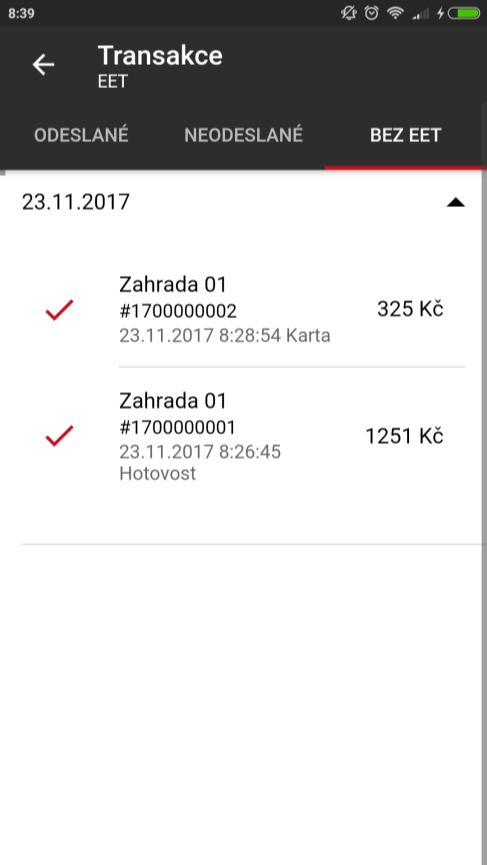 8 TRANSAKCE A UZÁVĚRKY EET Podkategorií transakcí je obrazovka EET.