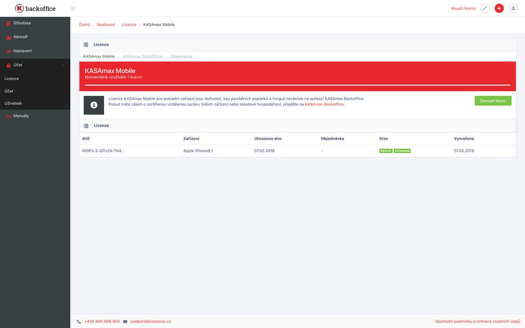 6 Účet Licence V Licencích můžete zkontrolovat Vaše aktivní licence pro aplikaci KASAmax Mobile, stavající tarif KASAmax Backoffice a přehled všech Vašich objednávek.