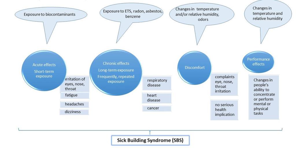 Obecně se používá koncepce "umbrella" (deštník), která propojuje akutní účinky vlivem expozice znečištění v budovách sick building syndrome (syndrom nemocných budov).