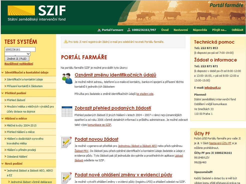 Po kliknutí na záložku PORTÁL FARMÁŘE se v hlavičce webových stánek SZIF