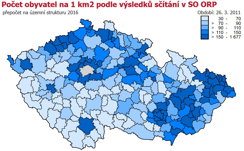 Obrázek 4 Počet obyvatel na 1 km2 podle výsledků sčítání v SO ORP Správní obvod