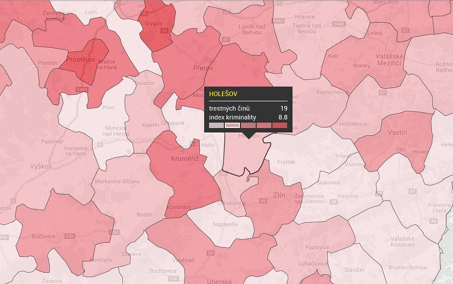 Obrázek 7 Město Holešov v kontextu okolí Rozložení trestných činů
